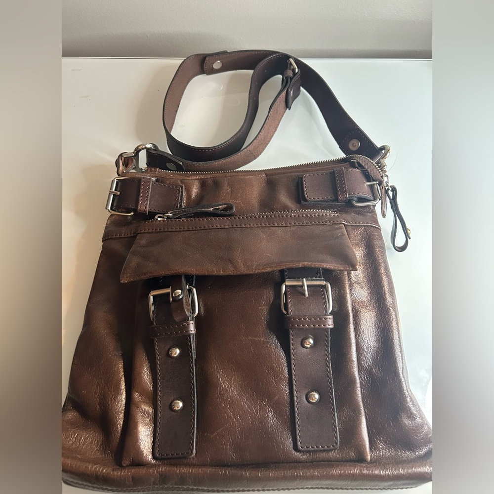 Tano Leather Messenger Crossbody Bag Brass Hardware Medium Sized